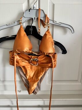PatBO Orange Satin Triangle Bikini Top with Gold Bead Accents